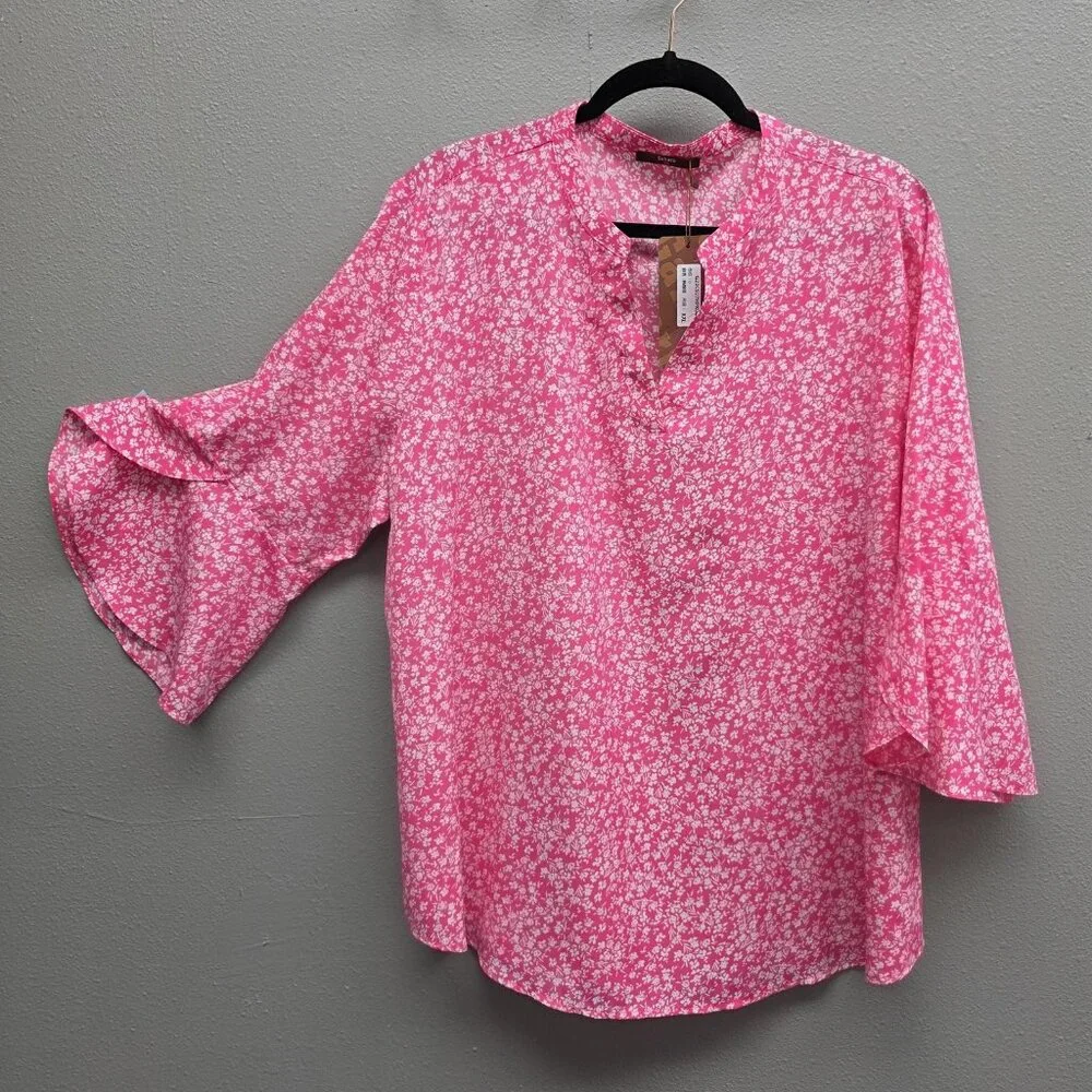Gaharu Shirt Womens 2XL Pink Floral Split V Neck Bell Sleeve Flutter Blouse - Picture 1 of 12